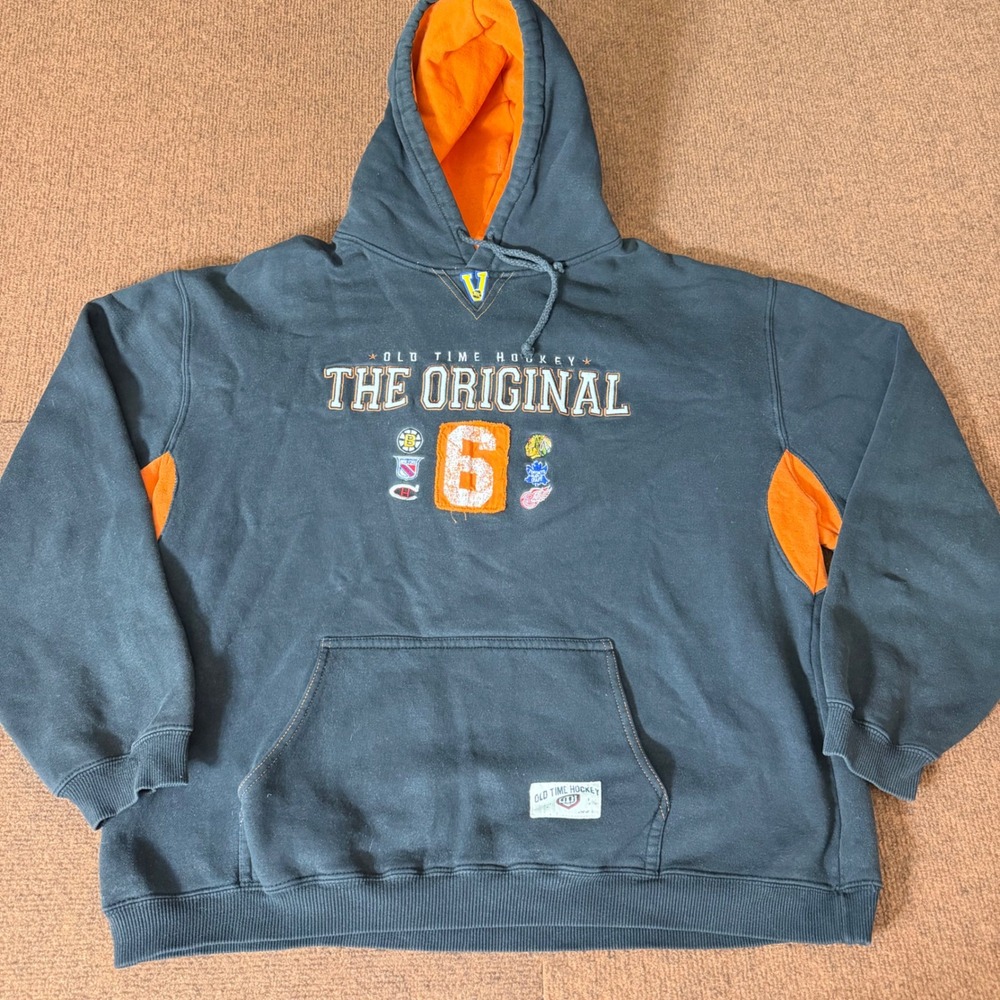 Old Time Hockey Original Six NHL Hoodie Charcoal Orange Mens XL Vintage Style